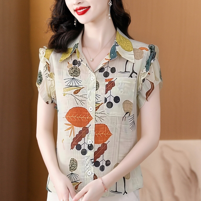 RY1336# 时尚碎花短袖衬衫女妈妈春夏新款设计感洋气宽松显瘦薄款衬衣小...