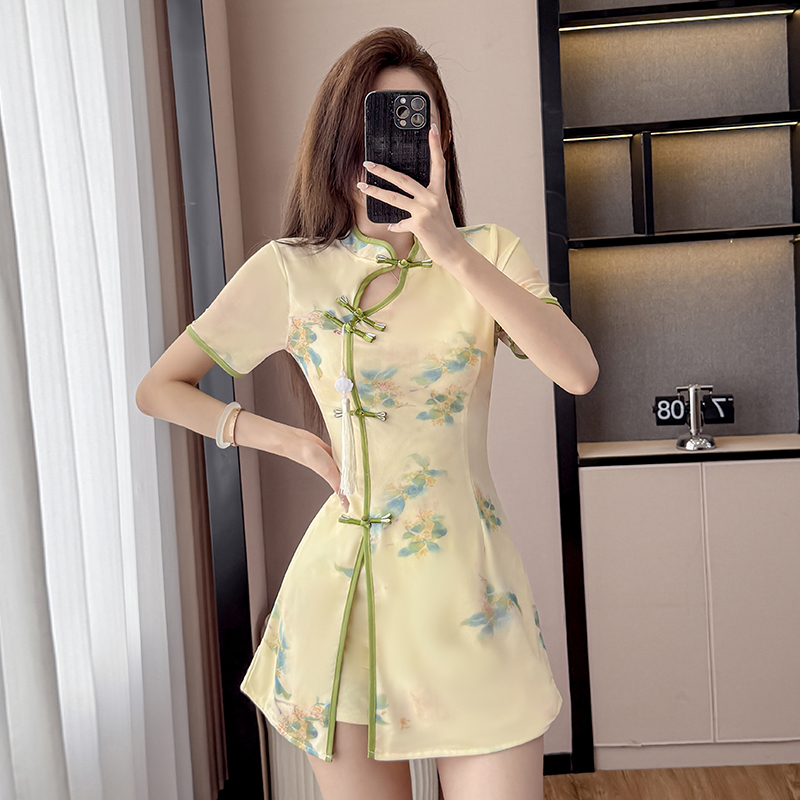 MY16527# 新款改良旗袍气质时尚新中式扣盘网纱连衣裙套装两件套女裝貨...