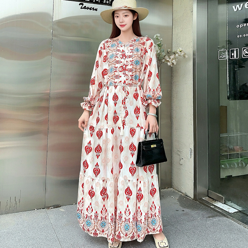 MY12657# 东南亚人棉碎花长裙波西米亚长袖宽松连衣裙胖女孩加大码孕妇...