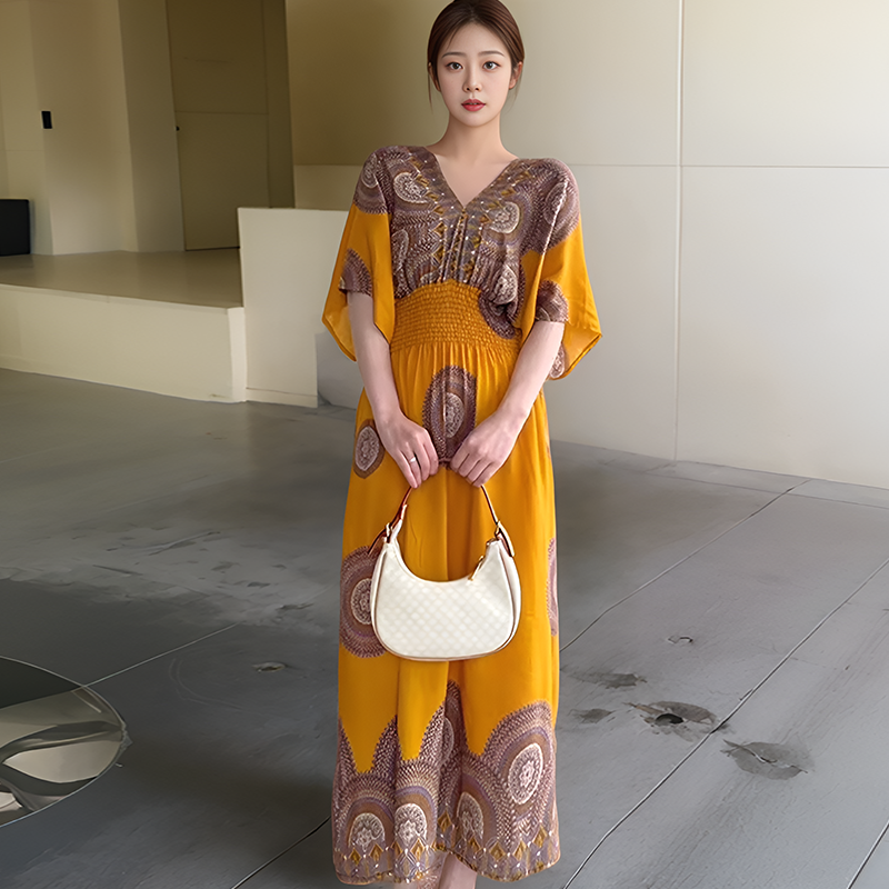 MY12658# 跨境民族风V领棉绸短袖泰国度假风连衣裙女印花沙滩裙田园风...