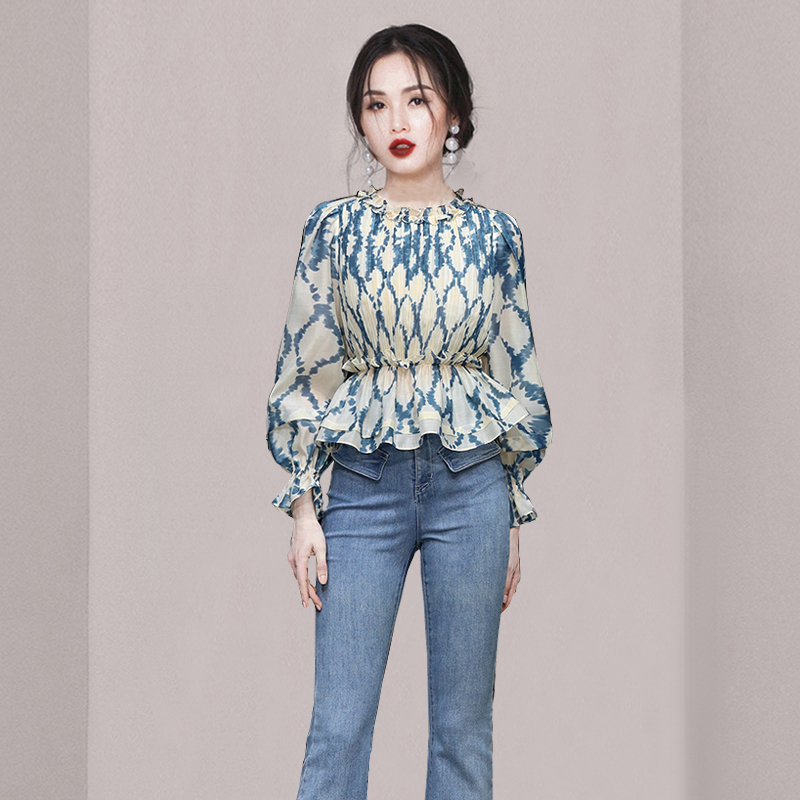RY116# 2026春款时尚气质圆领拼接木耳边收腰荷叶边水墨画新国风上衣...