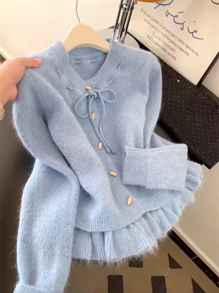MY14739# 韩系蓝色蝴蝶结系带针织开衫女秋冬新款宽松减龄毛衣女裝貨源...
