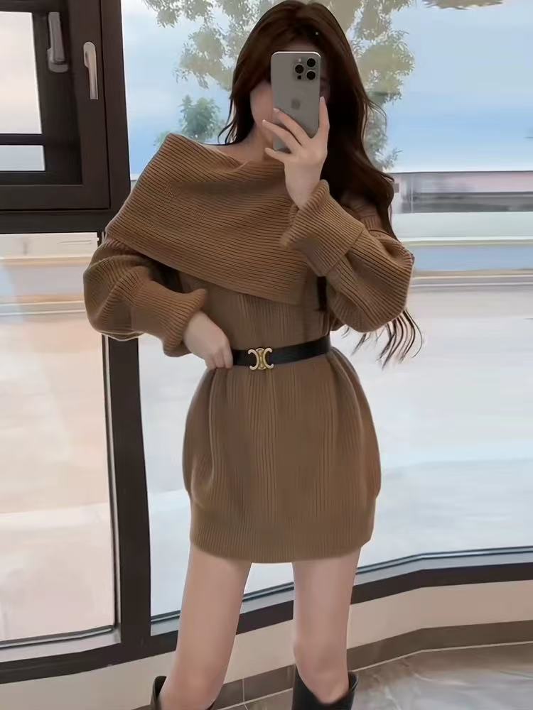 MY14865# 法式高级感气质名媛打底毛衣裙女秋季新款小个子露肩针织连衣...