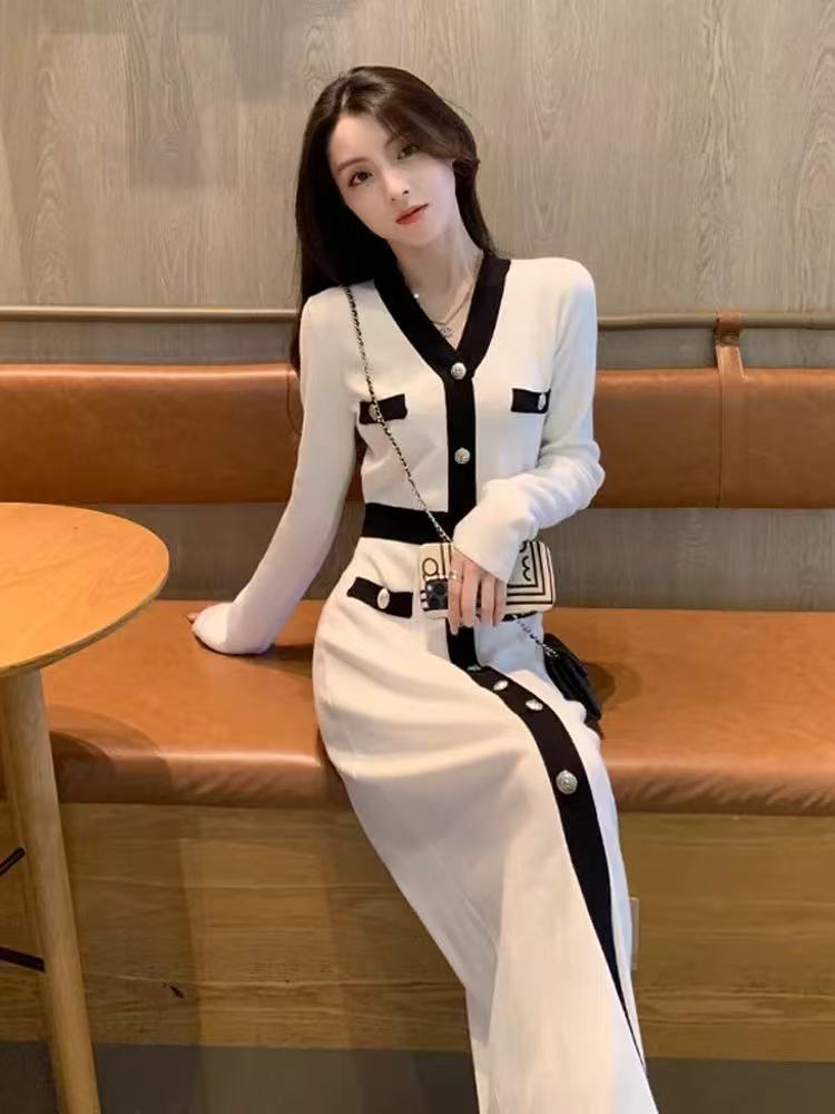 MY15432# 白色法式连衣裙女修身显瘦减龄气质小香风内搭打底针织长裙子女裝貨源服裝批發