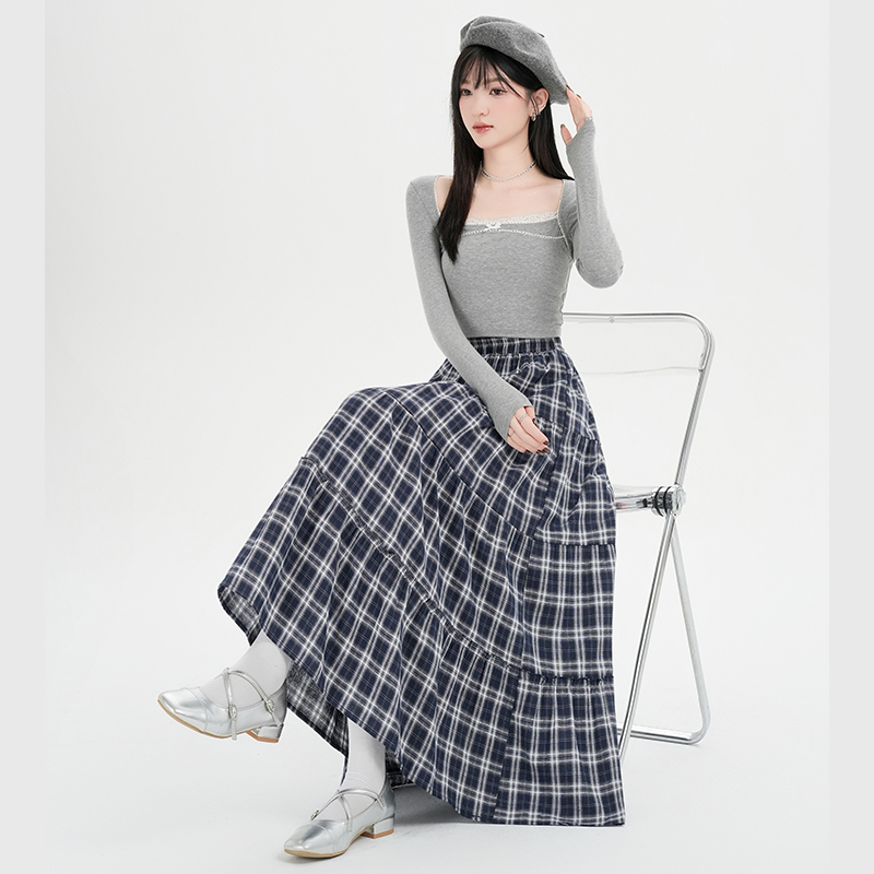 實拍復古格紋半身裙女2025年新款高腰垂感中長裙顯瘦氣質a字傘裙