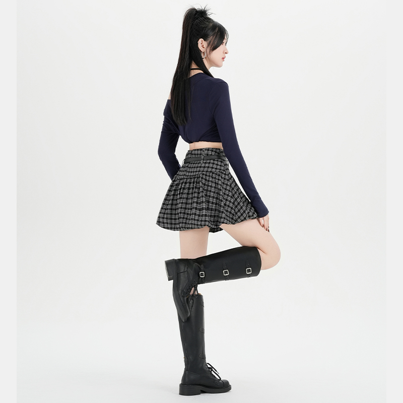 實拍2025秋季新款韓版小個子休閑格子半身裙女高腰A字蓬蓬短裙子