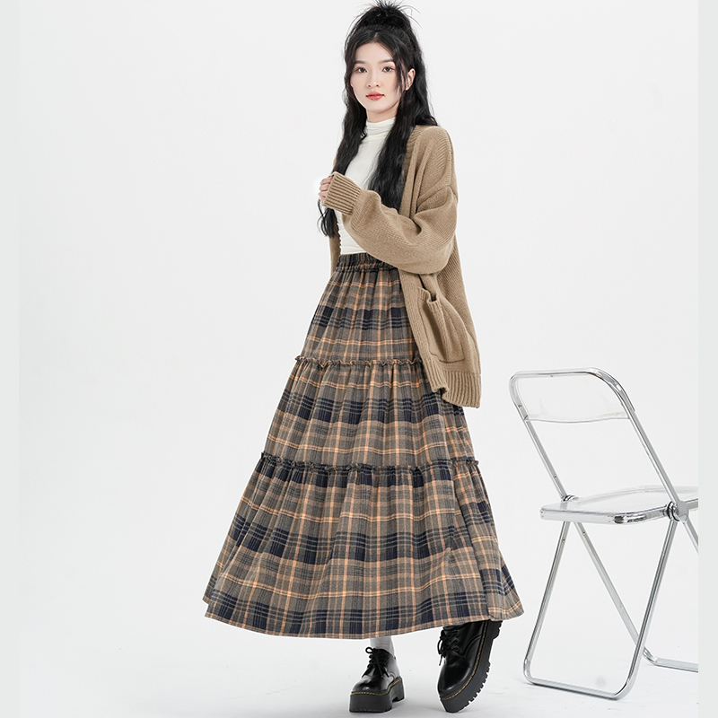 實拍紅色格子半身裙女中長款高腰a字傘裙小個子復古格紋蛋糕裙