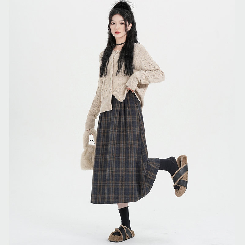 實拍復古格子毛呢半身裙女加厚松緊腰中長款小個子a字大擺傘裙