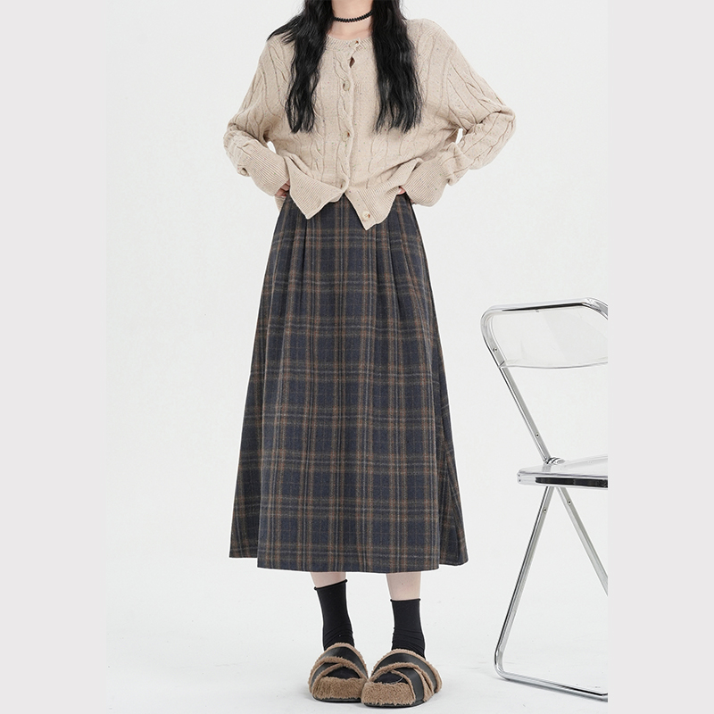 實拍復古格子毛呢半身裙女加厚松緊腰中長款小個子a字大擺傘裙