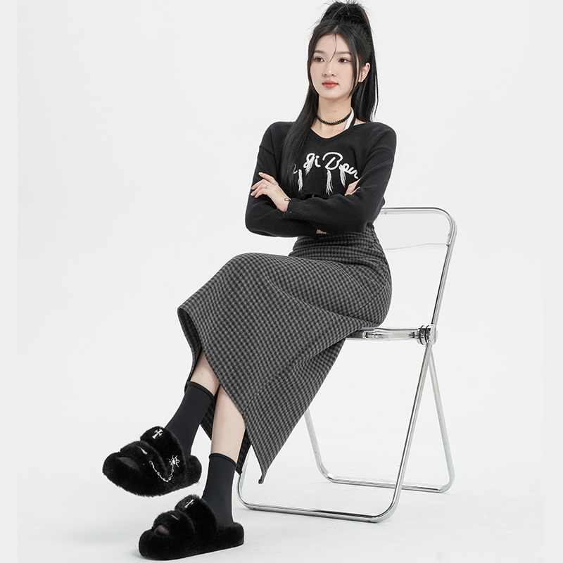 實拍美拉德毛呢格子半身裙女高腰a字直筒一步裙加厚中長款包臀裙