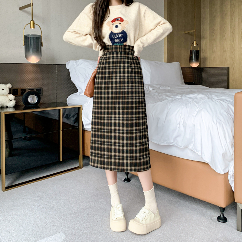 實拍韓版直筒后開叉半身裙女復古磨毛格子a字長裙高腰顯瘦包臀裙
