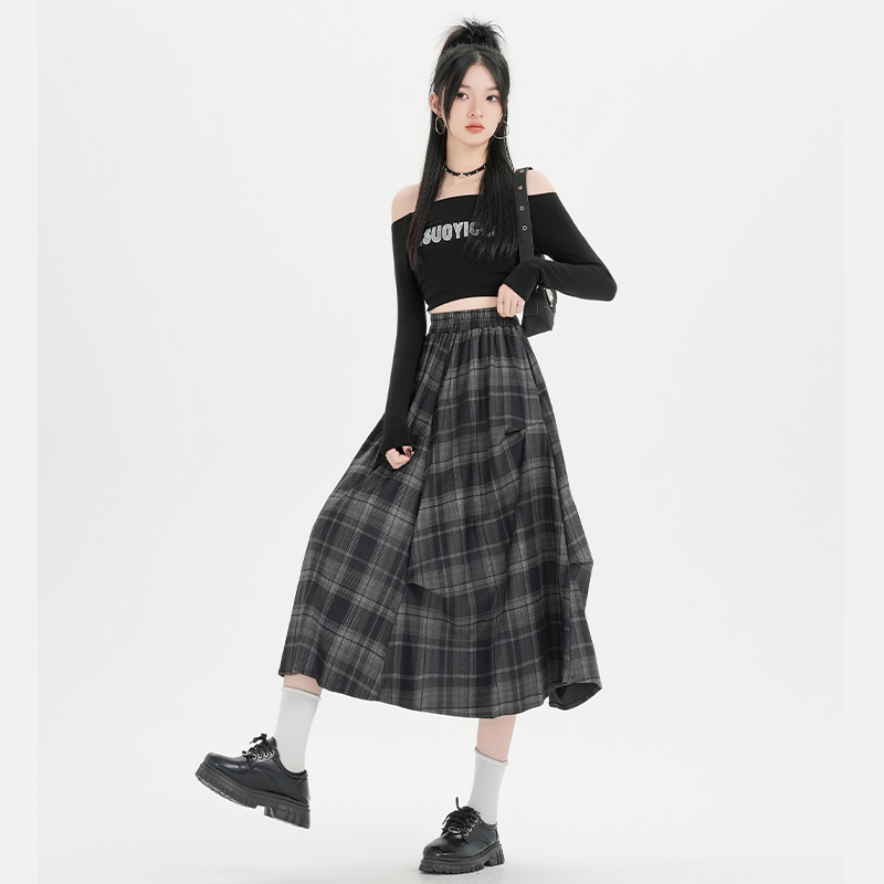 實拍2025新款復古格紋半身裙女松緊腰顯瘦中長裙不規則褶皺a字裙
