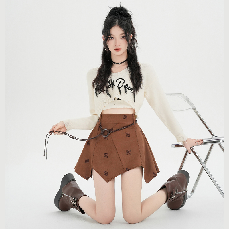 實拍美式復古不規則印花半身裙女2025新款秋季設計感高腰a字短裙