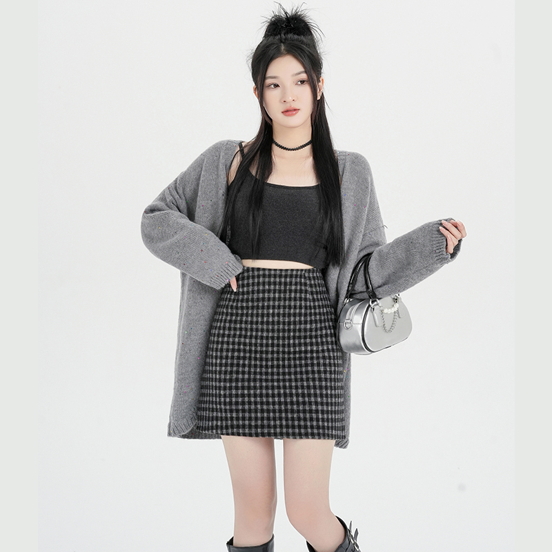 實拍格子毛呢短裙半身裙女2025秋冬季款高腰休閑顯瘦一步包臀裙子