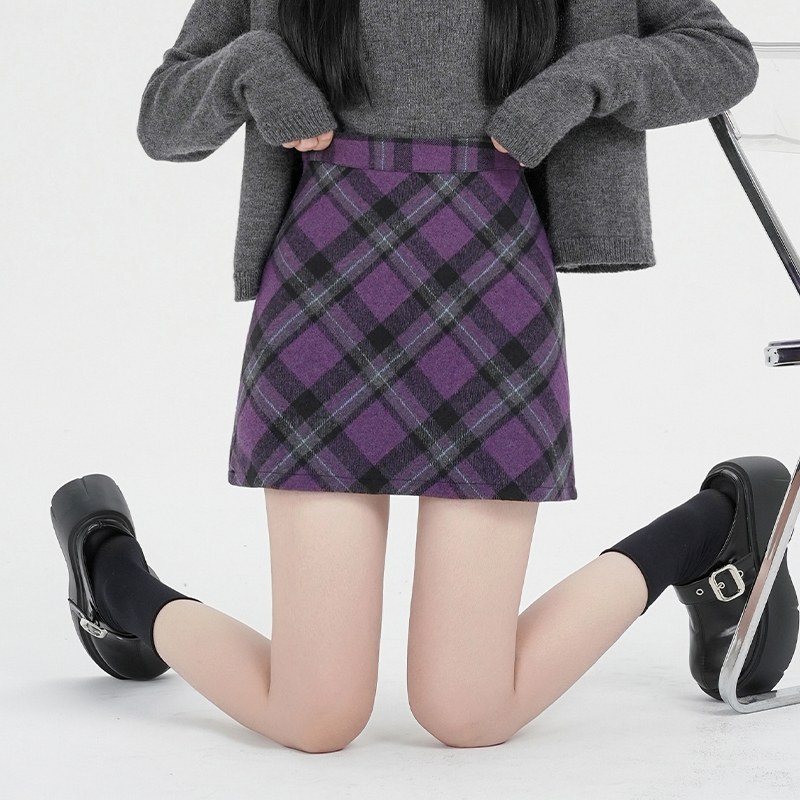 實拍毛呢格子半身裙女2025新款秋冬高腰小個子時尚辣妹a字包臀裙