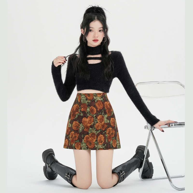實拍2025秋季新款鹿皮絨復古油畫印花半身裙女高腰防走光包臀短裙