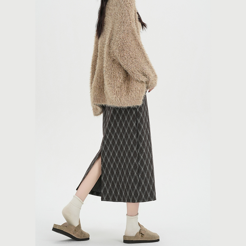實拍格子半身裙女秋冬加絨高腰顯瘦中長款垂感開叉a字包臀一步裙