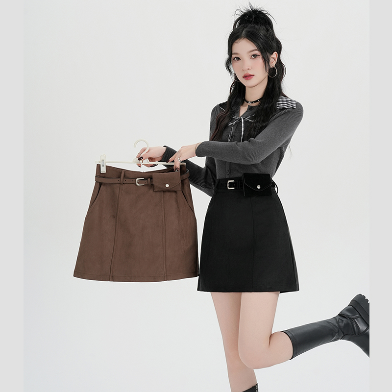 實拍高腰麂皮絨防走光a字短裙女2025秋冬季新款韓版百搭包臀半裙