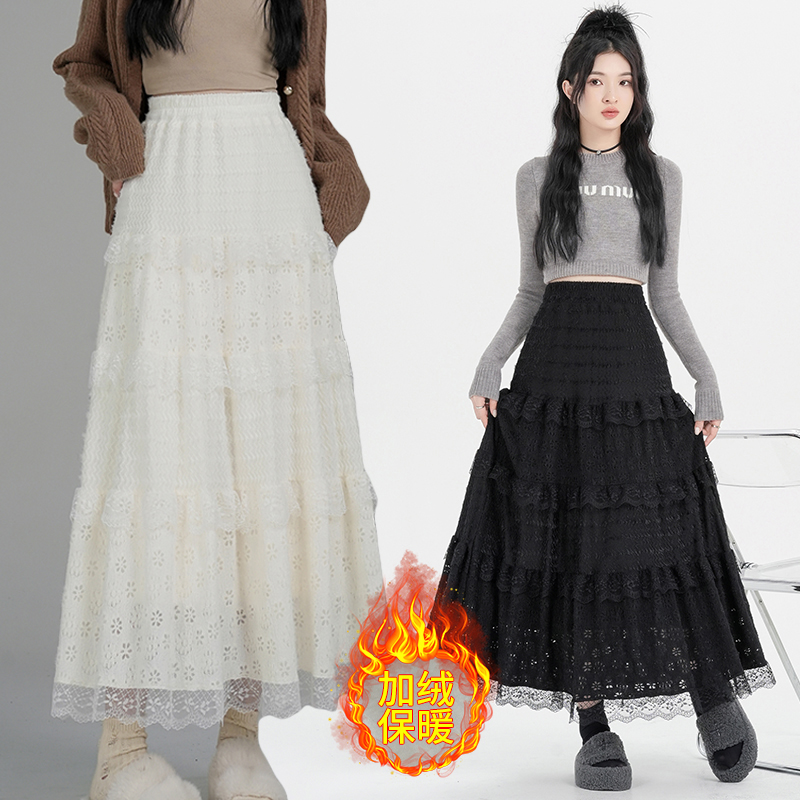 實拍加絨仙女蕾絲拼接層層蛋糕裙半身裙女高腰顯瘦a字垂感長裙子