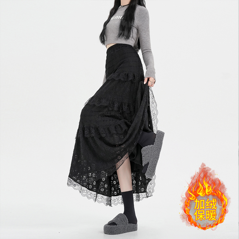 實拍加絨仙女蕾絲拼接層層蛋糕裙半身裙女高腰顯瘦a字垂感長裙子