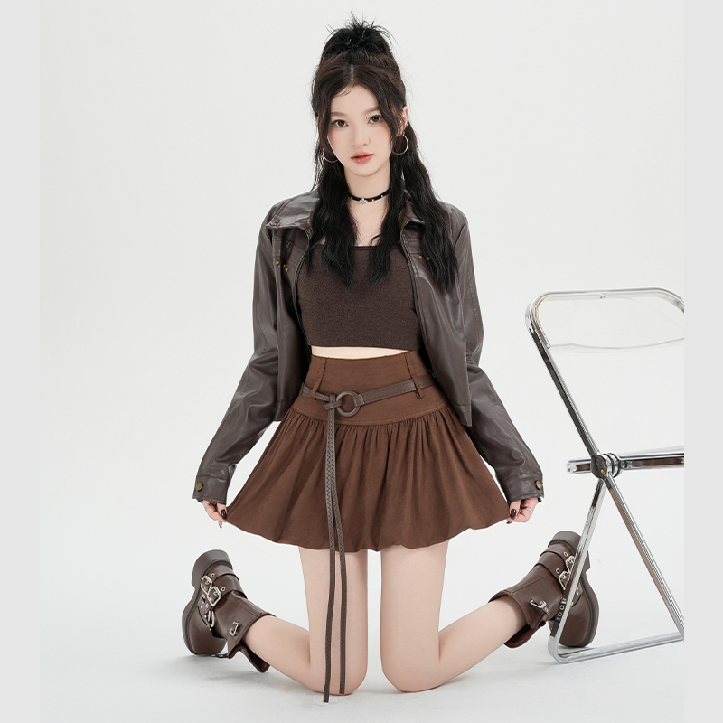 實拍美拉德鹿皮絨花苞半身裙女小個子辣妹風a字高腰顯瘦蓬蓬短裙
