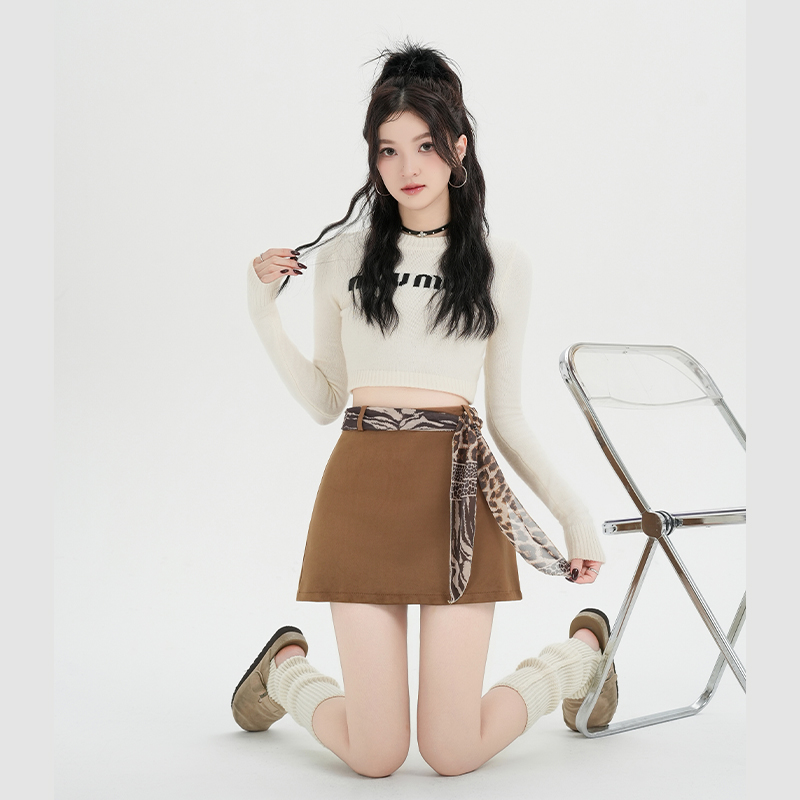 實拍復古風麂皮絨A字半身裙女2025秋冬季美拉德辣妹配絲巾短裙