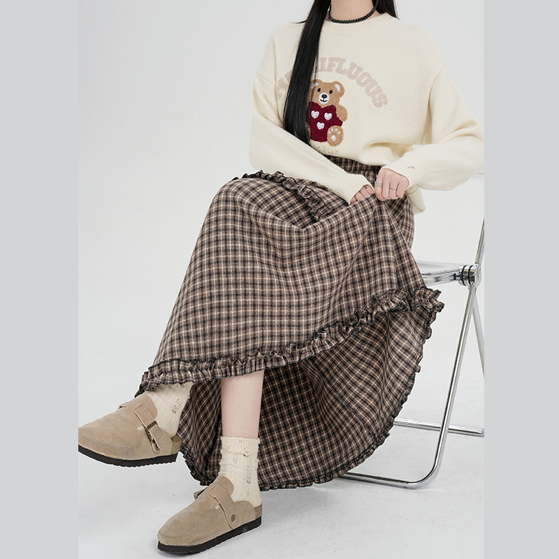 實拍木耳邊拼接格子毛呢半身裙女秋冬季2025新款高腰顯瘦a字大擺