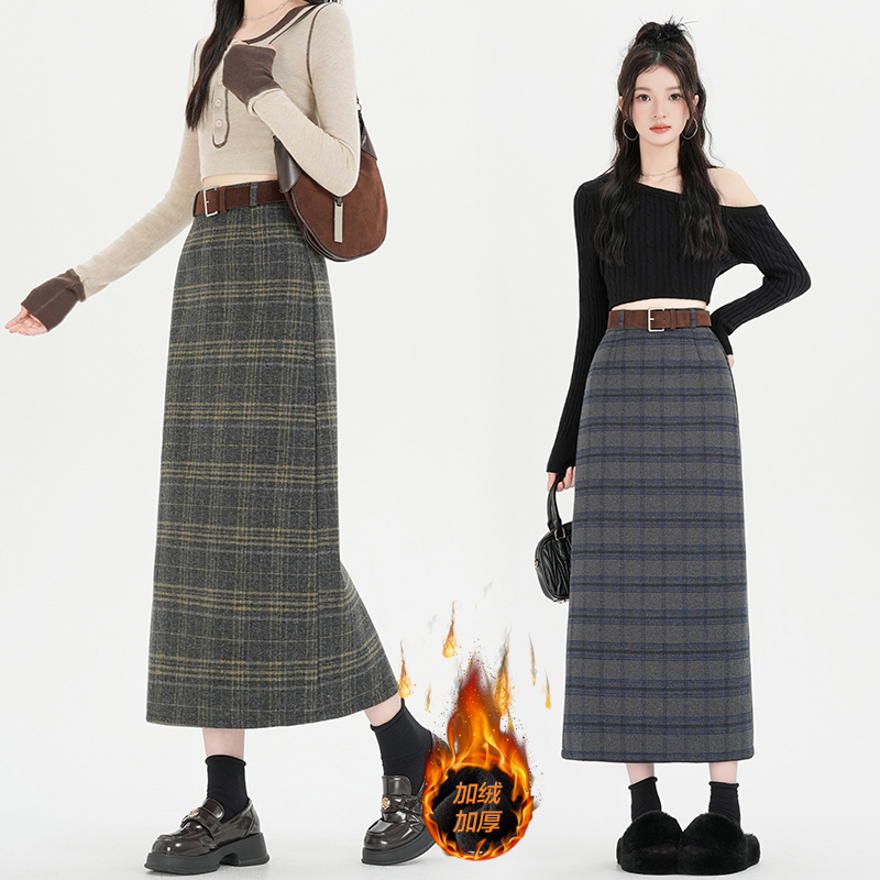 實拍復古加絨毛呢格紋半身裙女秋冬季新款高腰顯瘦包臀裙a字裙