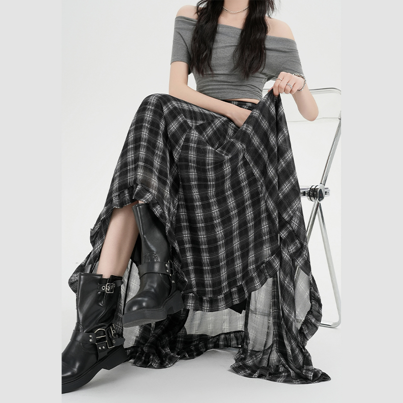 實拍復古紅色格紋半身裙女2026春夏薄款海邊度假風不規則半身長裙