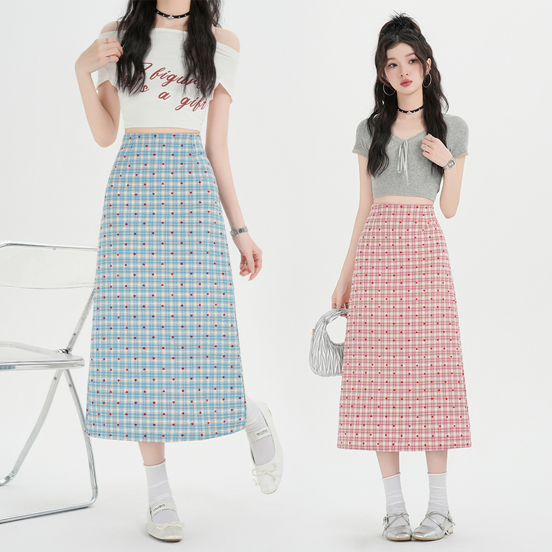 實拍心形刺繡高腰開叉格子裙女2026春夏新款韓版百搭a字半身裙子