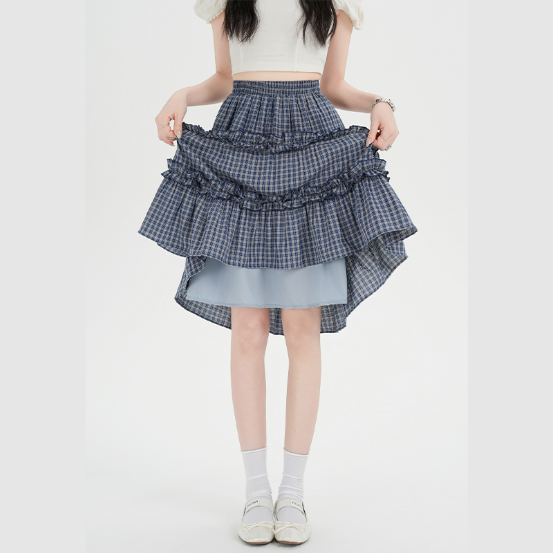 實拍韓系小清新藍色格紋半身裙女2026春夏新款木耳邊百搭A字中裙