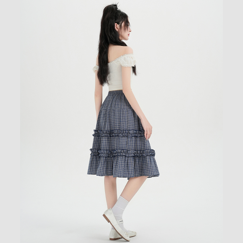 實拍韓系小清新藍色格紋半身裙女2026春夏新款木耳邊百搭A字中裙