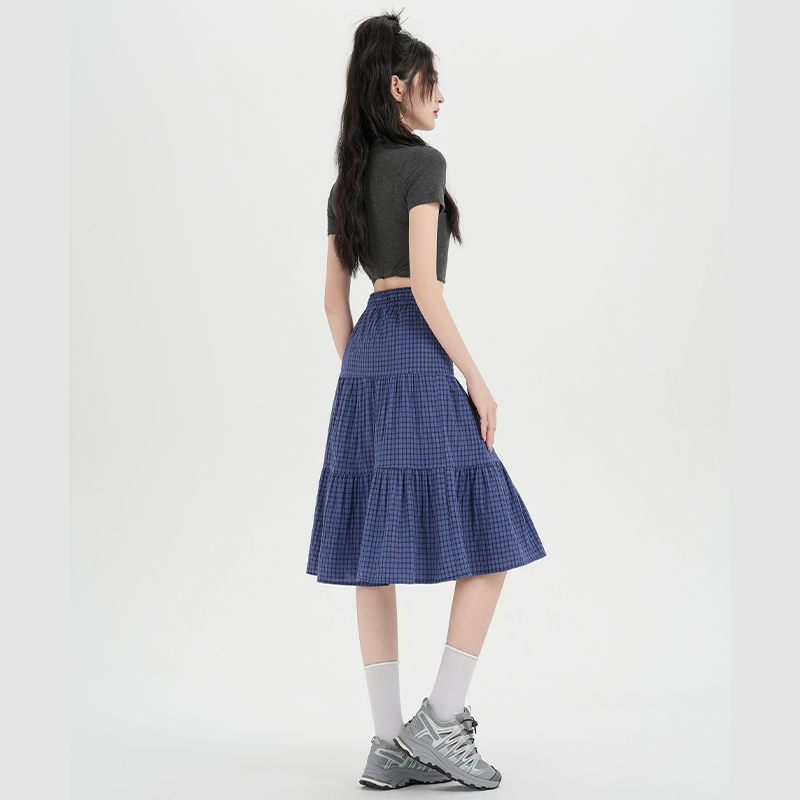 實拍2026新款蝴蝶結格紋中裙半身裙女a字裙遮胯顯瘦格子高腰裙子
