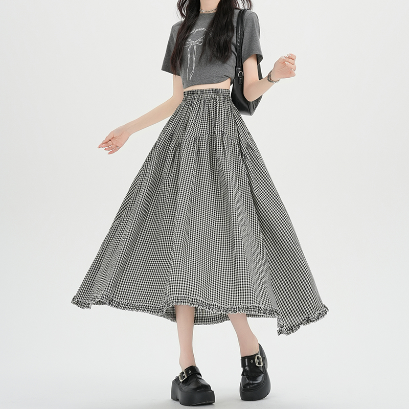 實拍復古格子花邊拼接半身裙女2026春夏季高腰A字大擺休閑長裙子