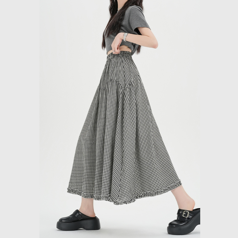 實拍復古格子花邊拼接半身裙女2026春夏季高腰A字大擺休閑長裙子