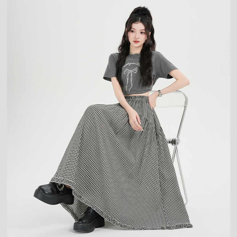 實拍復古格子花邊拼接半身裙女2026春夏季高腰A字大擺休閑長裙子