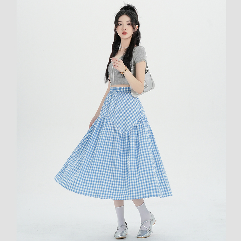 實拍藍色格子a字半身裙女春夏季設計感韓系小清新高腰中長款傘裙