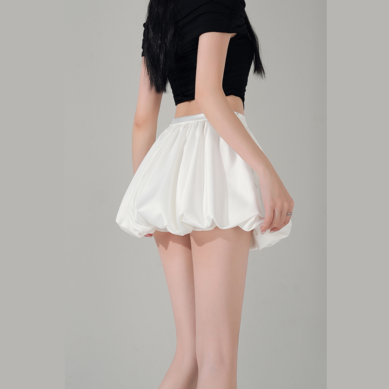 實拍白色緞面蓬蓬花苞裙女2026春夏高腰顯瘦云朵裙好看辣妹短裙子