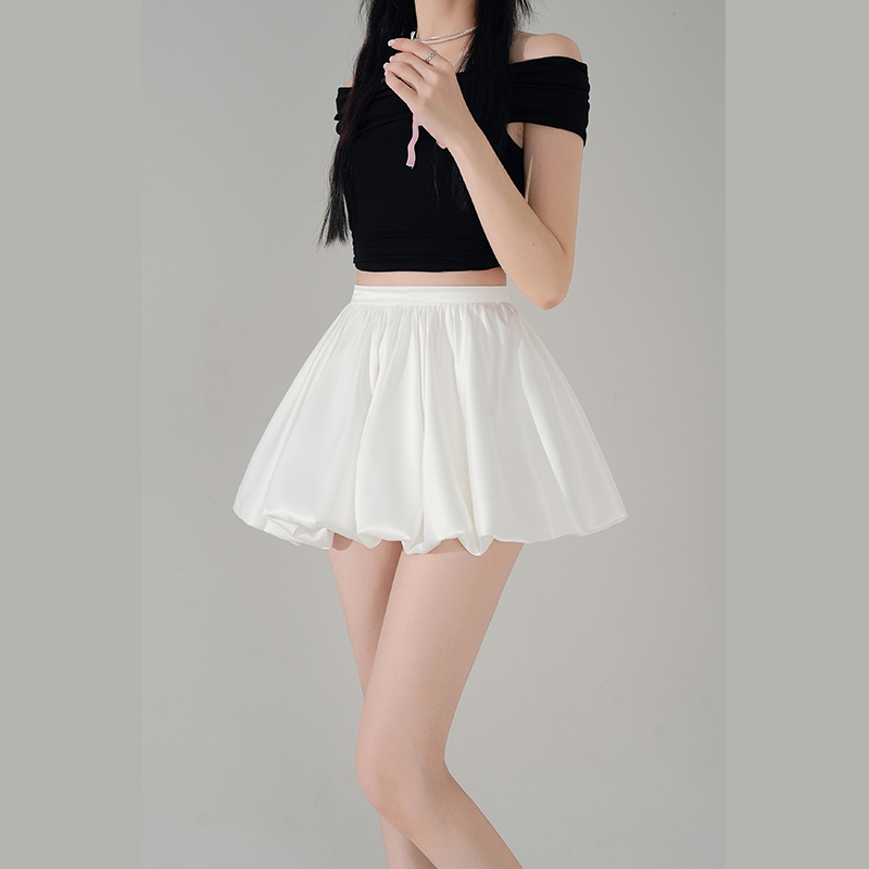 實拍白色緞面蓬蓬花苞裙女2026春夏高腰顯瘦云朵裙好看辣妹短裙子