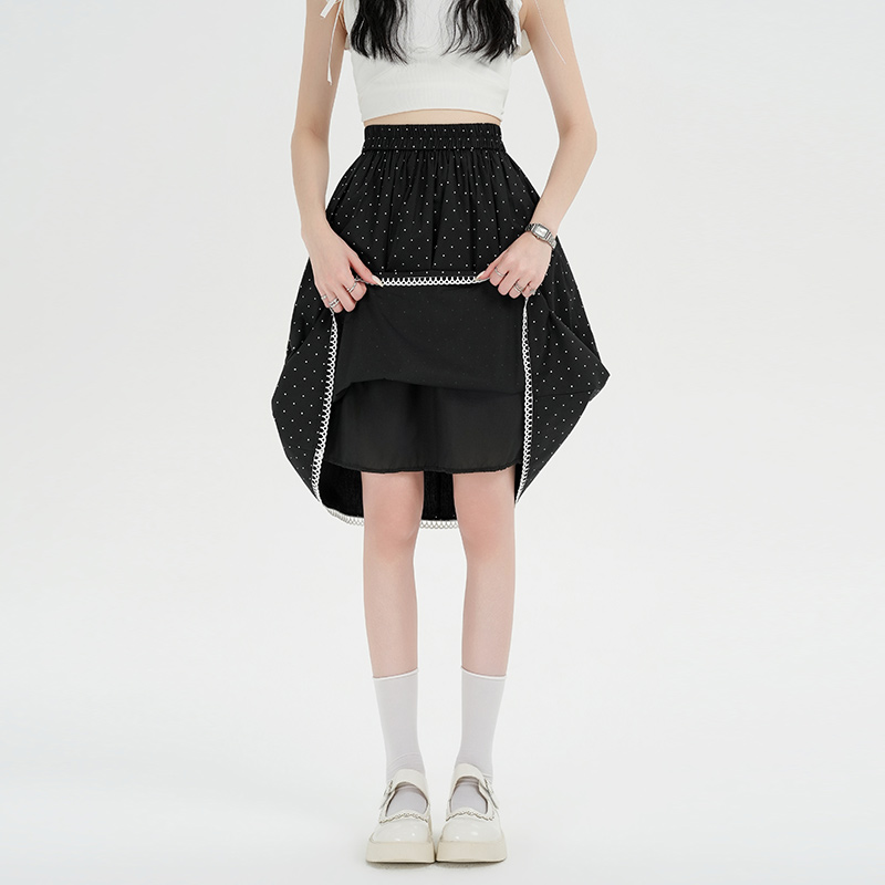 實拍波點口袋中裙半身裙女春夏新款高腰A字裙蕾絲花邊甜美休閑裙