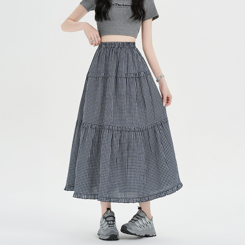 實拍復古藏藍格紋蓬蓬蛋糕長裙女2026新款高腰a字大擺顯瘦半身裙
