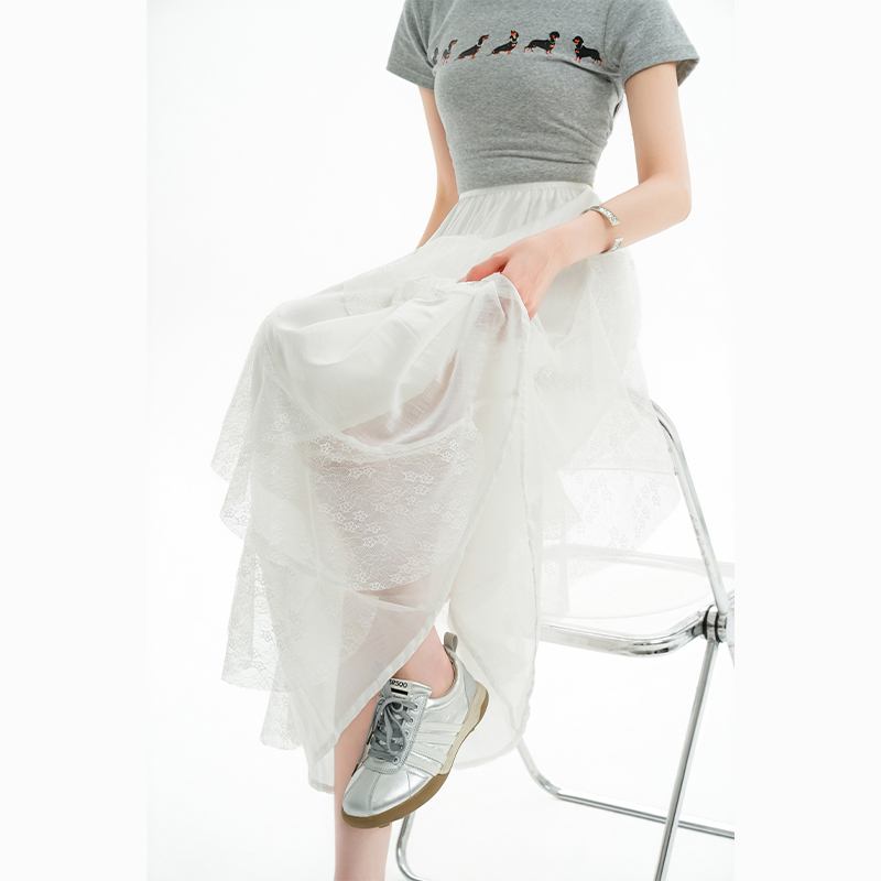 實拍不規則荷葉邊蕾絲半身裙女2026新款高腰垂感a字傘裙大擺裙