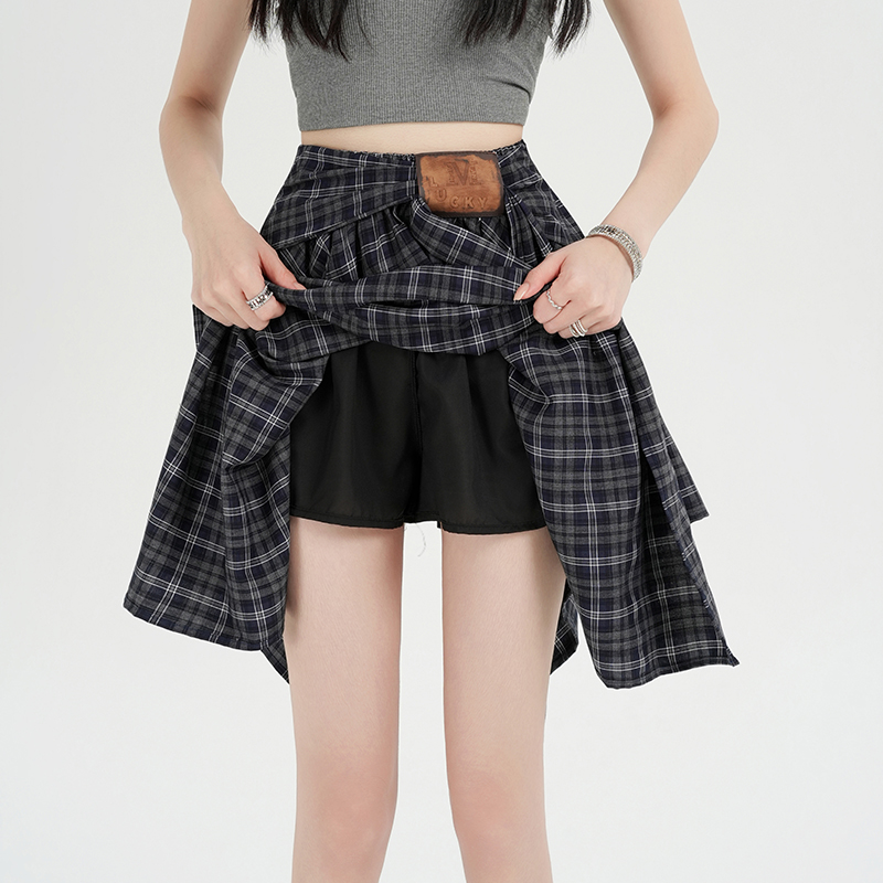 實拍不規則綁帶韓系格子襯衫半身裙女2026夏季新款高腰a字短裙子