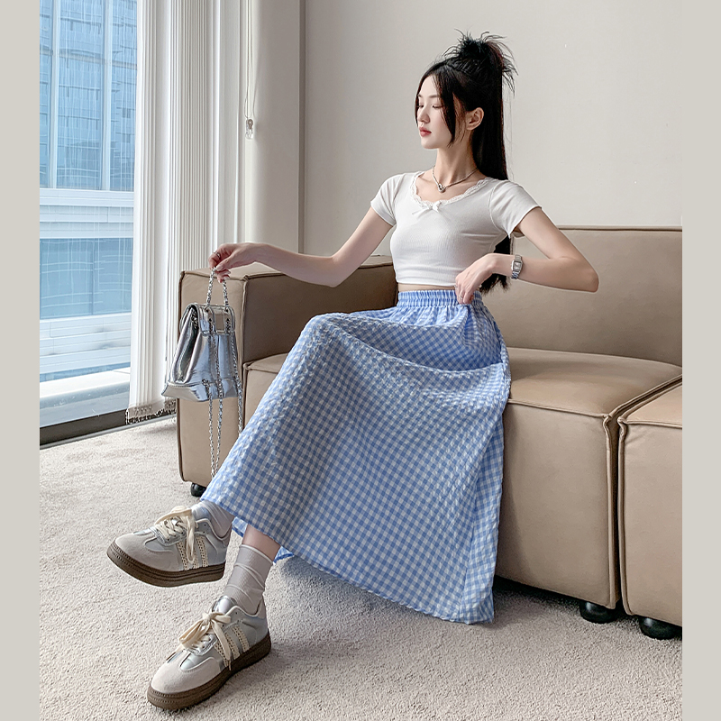 實拍藍色格子半身裙女2026新款小眾氣質多巴胺文藝傘裙小清新半裙