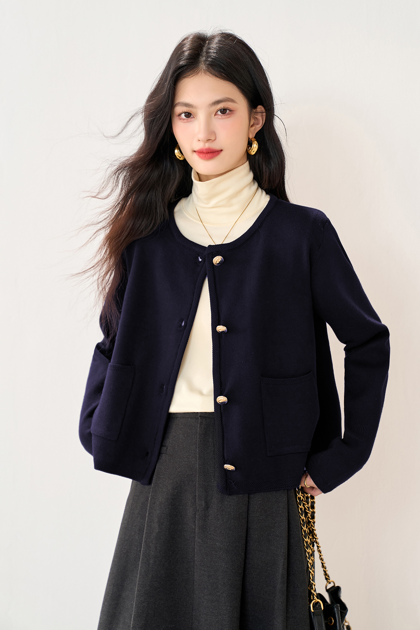 實拍新款秋冬新款針織衫女小香風外套純色長袖開衫針織毛衣外搭女