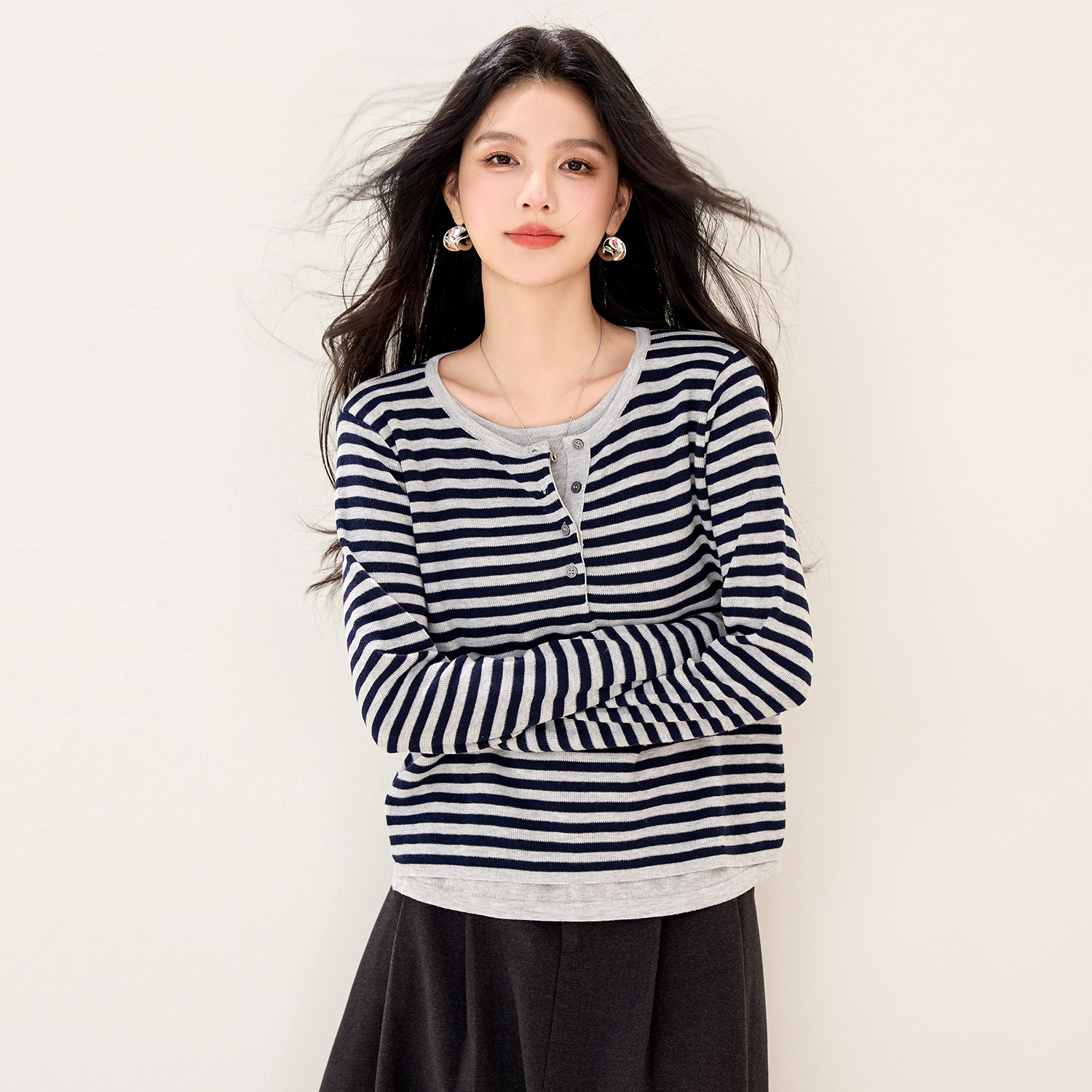 實拍新款針織衫女條紋套頭長袖開衫假兩件撞色圓領韓版針織毛衣女