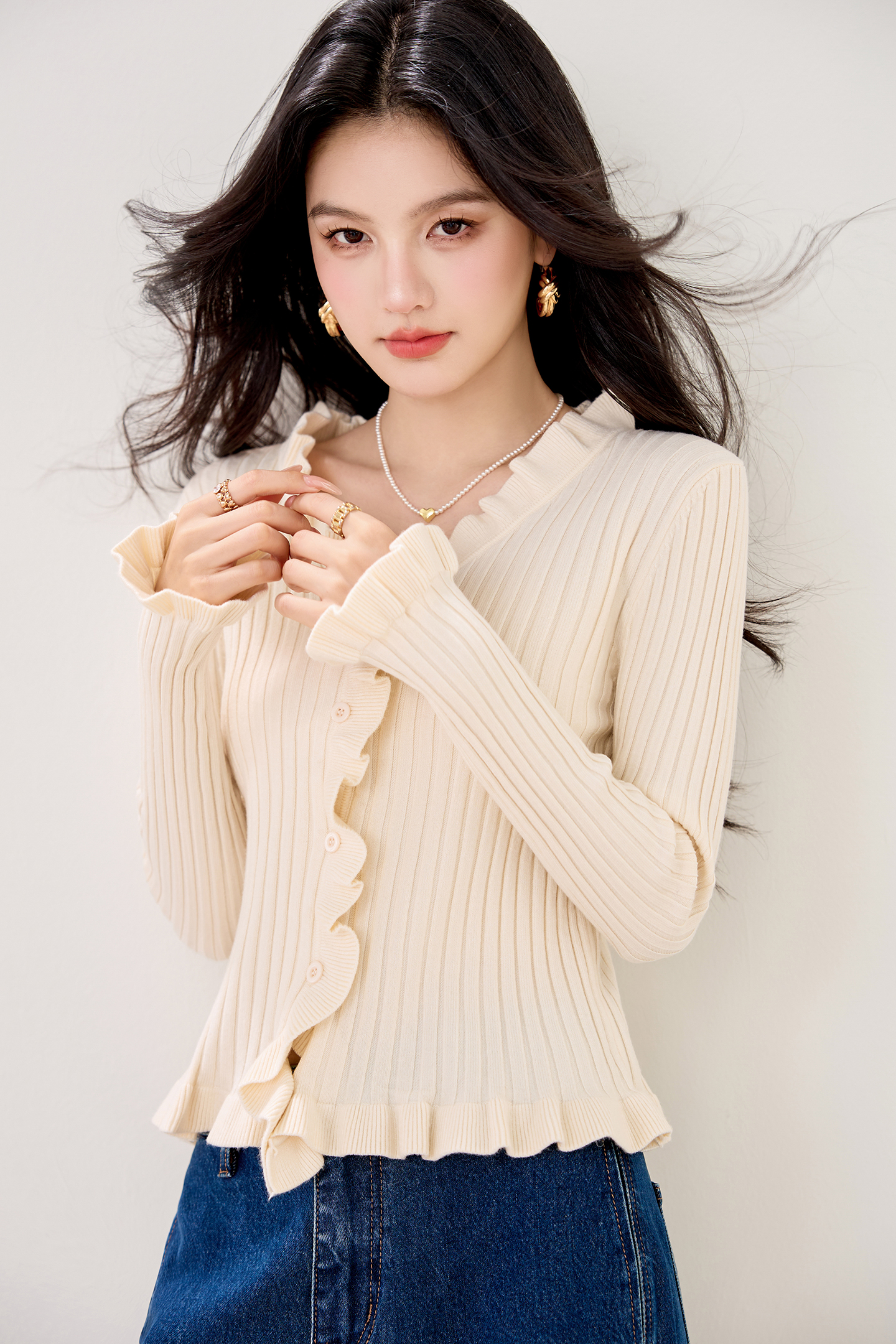實拍新款針織衫女開衫純色修身荷葉邊小外套韓版甜美短款外搭毛衣