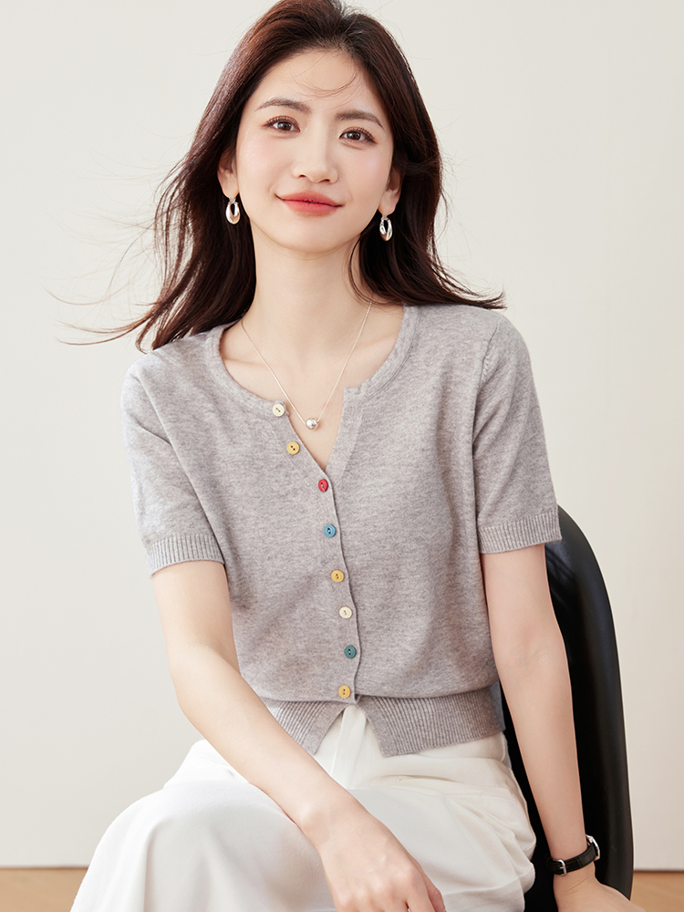實拍2026新款春夏短袖針織衫女短款開衫小款純色外搭小外套女