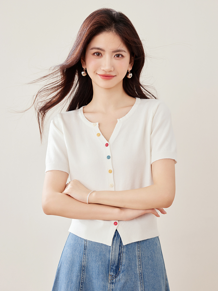 實拍2026新款春夏短袖針織衫女短款開衫小款純色外搭小外套女