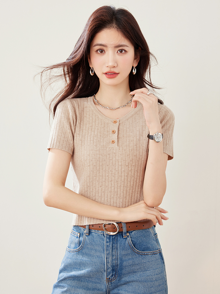 實拍春夏新款針織衫女短袖短款圓領韓版半開領純色套頭小款女
